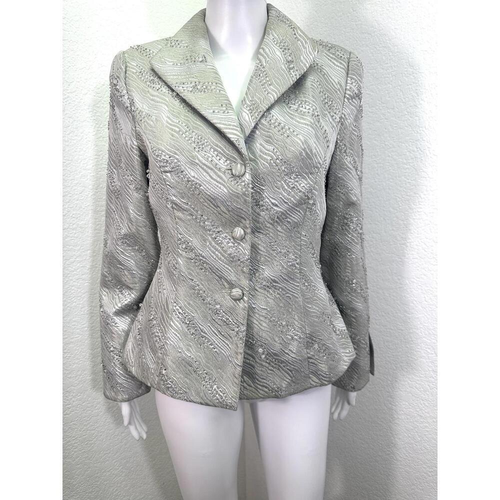 Sz 8 Carmen Marc Valvo Silver Metallic Beaded Y2K Blazer Office CorpCore